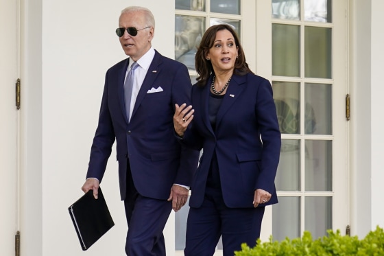 President Joe Biden and Vice President Kamala Harris walk to the Oval Office on April 11, 2022.