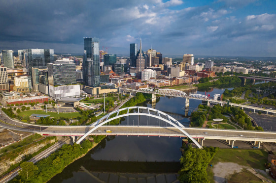 Sunrise view of Nashville Skyline as seen over the Cumberland River