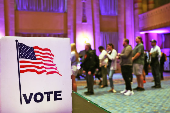 Voters wait in line at Fox Theatre on Nov. 8, 2022 in Atlanta.