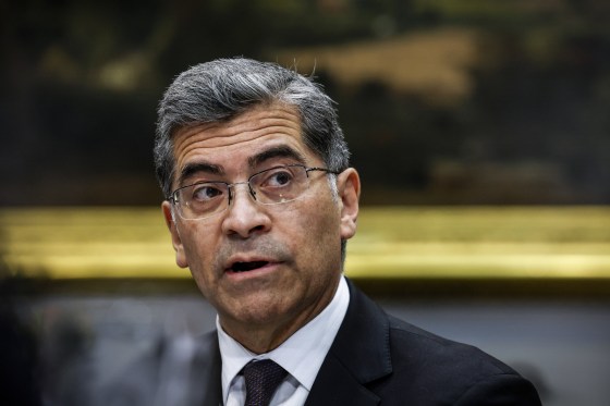 Image: Health and Human Services Secretary Xavier Becerra speaks in the Roosevelt Room of the White House on April 12, 2023.
