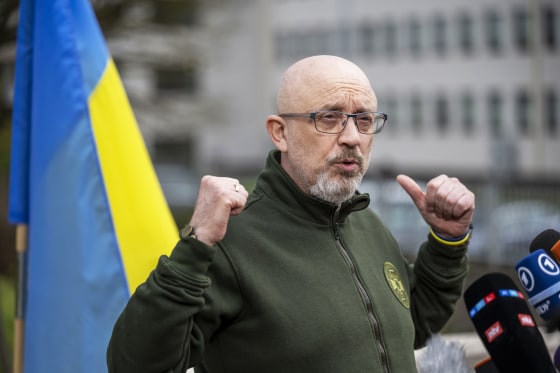 Ukrainian Defense Minister Oleksii Reznikov speaks at the Ramstein Air Base in Ramstein-Miesenbach, Germany