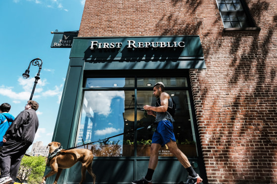 Image: A person walks past a First Republic bank branch on April 24, 2023 in New York.