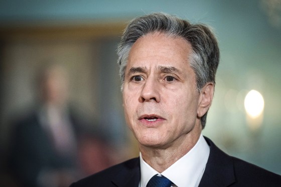 Image: Secretary of State Antony Blinken speaks to reporters in the Treaty Room before a meeting with United Nations Secretary-General Antonio Guterres at the State Department on April 27, 2023