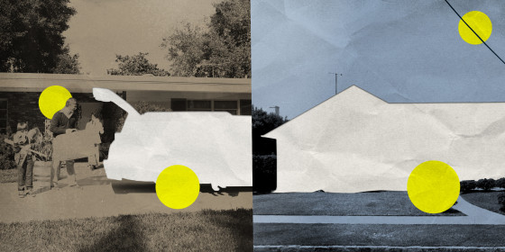 Side-by-side images of family in front of house with cut-out silhouette of car and cut-out image of house. Yellow circles cover both images