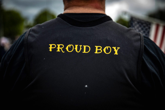 A man wears a Proud Boy vest as several hundred members of the Proud Boys and other similar groups gathered at Delta Park in Portland, Oregon on September 26, 2020. - Far-right group "Proud Boys" members gather in Portland to show support to US president Donald Trump and to condemn violence that have been occurring for more than three months during "Black Lives Matter" and "Antifa" protests. 