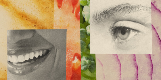 Photo illustration of close ups of coffee, tomato, broccoli and red onion with photos of a woman's smiling mouth and a woman's eye and brow.