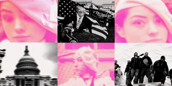 Collage of wanted FBI suspect, U.S. Capitol, Trump flag, and January 6 rioters