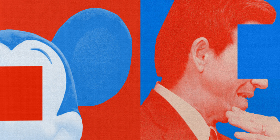 Side-by-Side of Mickey Mouse and Ron Desantis with their eyes obstructed by colored rectangles