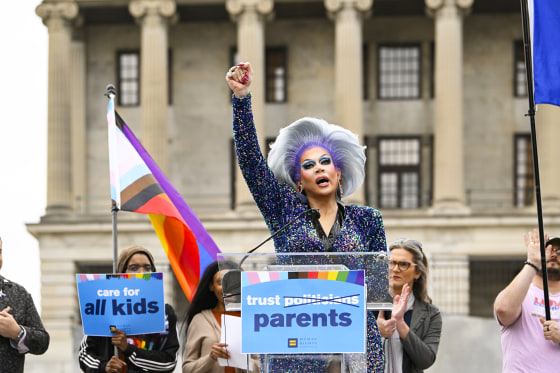 Drag artist Vidalia Anne Gentry speaks during a news conference in Nashville, Tenn.