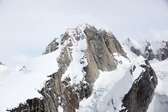 West Ridge of the Moose’s Tooth, Denali National Park and Preserve. The red box indicates the vicinity of the boot tracks that lead into a small avalanche area. Undated.