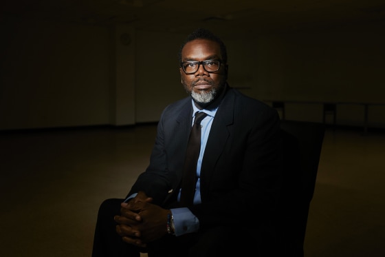 Then-mayoral candidate Brandon Johnson in Chicago on March 18, 2023.