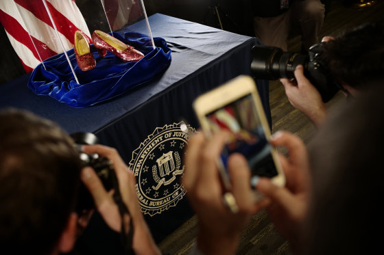 A pair of ruby slippers once worn by actress Judy Garland in the "The Wizard of Oz" at the FBI office in Brooklyn Center, Minn.
