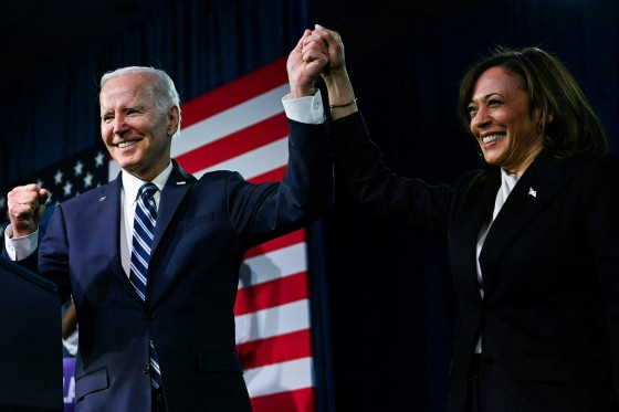 President Joe Biden and Vice President Kamala Harris at the DNC Winter meeting in Philadelphia on Feb. 3, 2023.