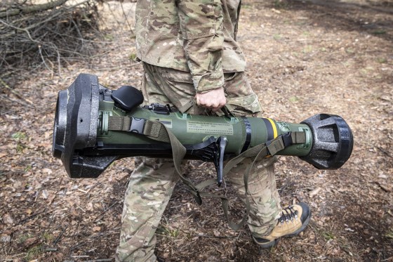 Life in trenches in Kyiv Oblast, Ukraine - 12 Apr 2022 A Ukrainian soldier holds the MBT-NLAW (Next generation Light Anti-tank Weapon) provided by the United Kingdom to the Ukrainian army. As Russia retreated from Kyiv Oblast, and now concentrates the offensive in the eastern part of Ukraine, Alexander (48), Sergey (42), Andrew (41), Oleg (31) and their battalion might send to the Eastern part of Ukraine in a few days to join the battle operation.