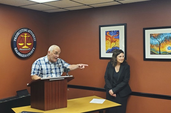 Jeff Titus speaks at a news conference after learning he will not face a second trial after his double murder conviction was overturned in Feb. 2023.