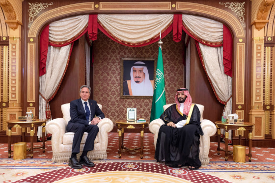This handout picture provided by the Saudi Royal Palace shows Saudi Crown Prince Mohammed bin Salman (R) meeting with US Secretary of State Antony Blinken in Jeddah on June 7, 2023.
