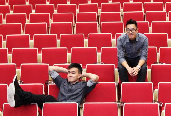 Philip Wang (Left) and Wesley Chan (Right), from Wong Fu productions, pose at the Academy Community Hall of Hong Kong Baptist University. 18APR13