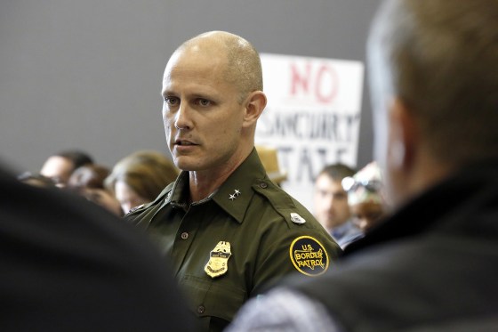 PORTLAND, ME - JUNE 14: Jason Owens of the U.S. Border Parol addresses Gov. Janet Mills, U.S. Rep. Chellie Pingree, Portland officials and others during a meeting to discuss the asylum-seeker surge into Portland, and whether the state can help with the costs. Owens, who was formerly stationed in Laredo, Texas, said asylum seekers are choosing to travel from the southern U.S. border to Portland because the city has a reputation for being a welcoming community.
