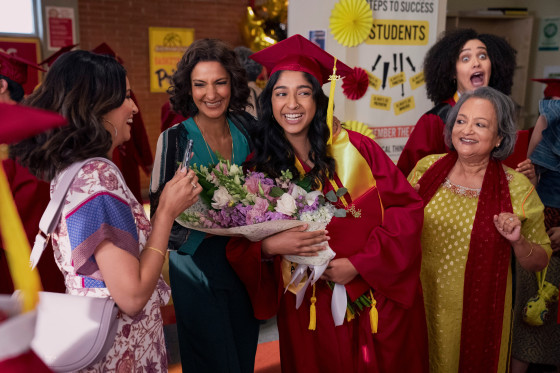 From left, Richa Moorjani, Poorna Jagannathan, Maitreyi Ramakrishnan, Ranjita Chakravarty, Lee Rodriguez in "Never Have I Ever"