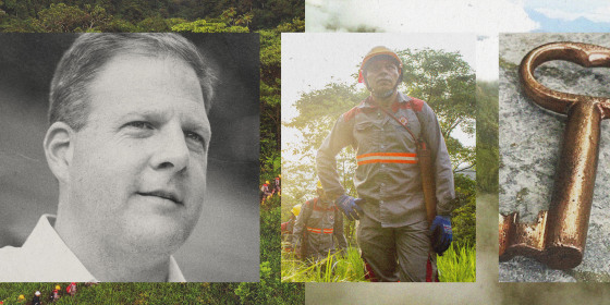 Photo illustration of New Hampshire Governor Chris Sununu, workers for Libero Copper & Gold's Mocoa project, and a copper key made from deposits.