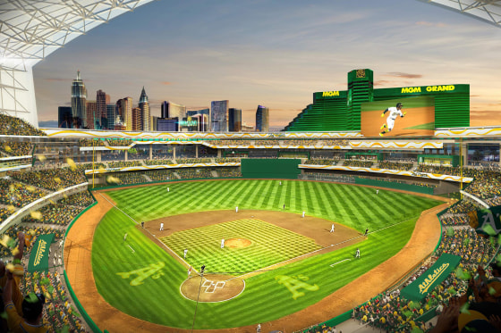 FILE - This rendering provided by the Oakland Athletics on May 26, 2023, shows a view of their proposed new ballpark at the Tropicana site in Las Vegas. The Oakland Athletics cleared a major hurdle for their planned relocation to Las Vegas after the Nevada Legislature gave final approval on Wednesday, June 14, to public funding for a portion of the proposed $1.5 billion stadium with a retractable roof.