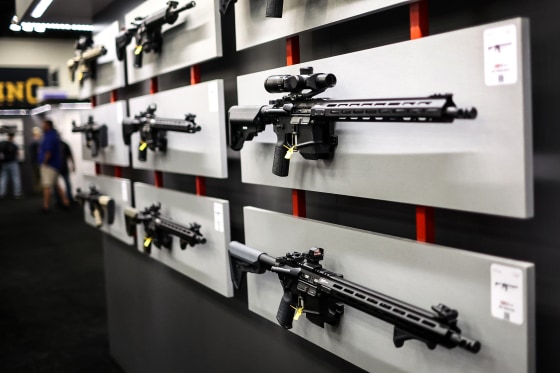 Firearms are displayed at the Springfield Armory booth at the National Rifle Association's Annual Meetings & Exhibits at the Indiana Convention Center on April 15, 2023 in Indianapolis.