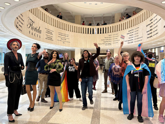 Demonstrators protest outside the Florida House chambers against bills the chamber passed on gender-transition treatments, bathroom use and keeping children out of drag shows, on April 19, 2023 in Tallahassee, Fla.