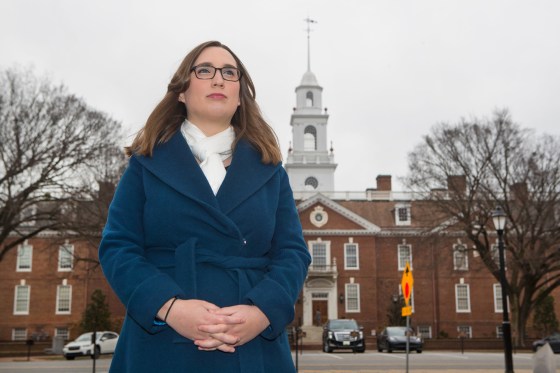 Sarah McBride in front of Legislative Hall in Dover, Del., in 2021.