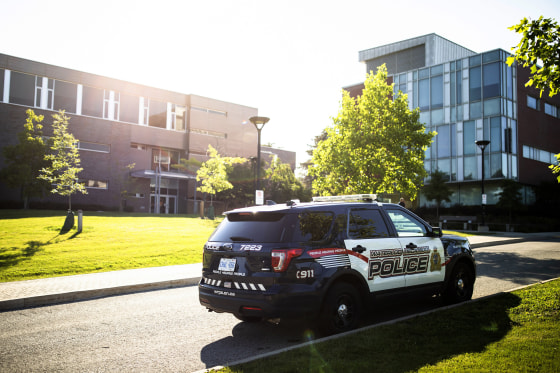 A Waterloo Regional Police vehicle near the scene of a stabbing at the University of Waterloo, in Waterloo, Ontario