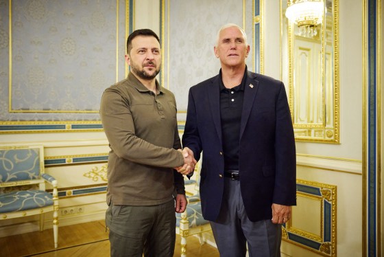 Ukrainian President Volodymyr Zelenskyy shakes hands with former Vice President Mike Pence in Kyiv on June 29, 2023.