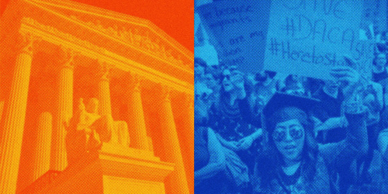 Photo of the Supreme Court with orange overlay, next to photo of demonstrators gathered in support of DACA with blue overlay. One supporter holds a sign reading 