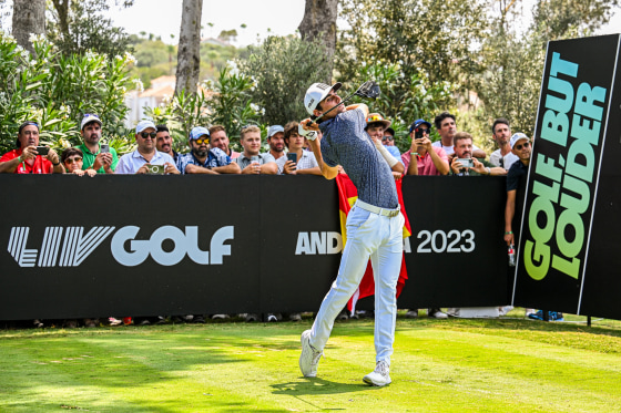 Joaquin Niemann plays his tee shot on the 8th hole during day two of LIV Golf - Andalucia in Cadiz, Spain, on July 1, 2023.