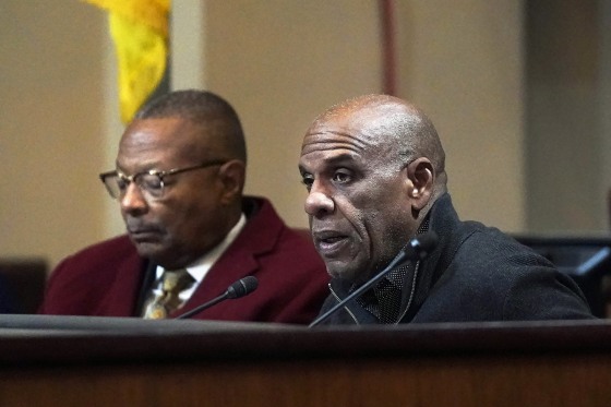 Reginald Jones-Sawyer, left, and Steven Bradford at a California Reparations Task Force meeting in Oakland, Calif.