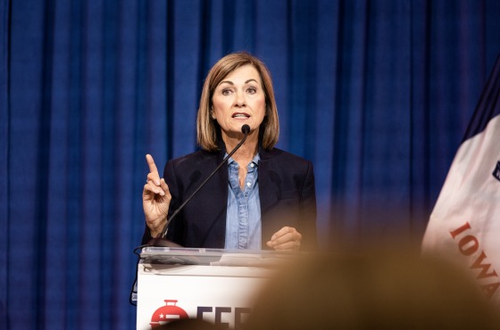 Iowa Gov. Kim Reynolds speaks in Sioux Center, Iowa on May 13, 2023. 