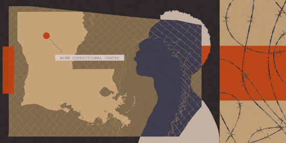 Collage of the state of Louisiana with a pin locating the "Winn Correctional Center" and the silhouette of a man against barbed wire
