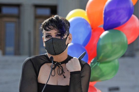 Adrian Jawort of Billings, Mont., speaks at the Rainbow Rally on the steps of the Montana Capitol in 2021.