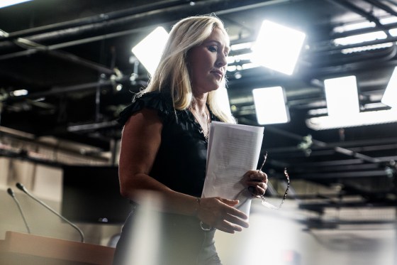 Marjorie Taylor Greene, R-Ga., concludes a news conference in the Capitol Visitor Center on May 18, 2023.