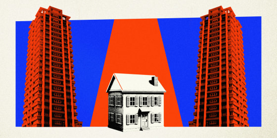 Collage of single-family home in between two high-rise apartments