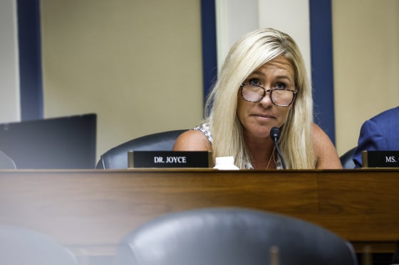 Image: Marjorie Taylor Greene, R-Ga., speaks at a hearing with the Select Subcommittee on the Coronavirus Pandemic on Capitol Hill on July 11, 2023.