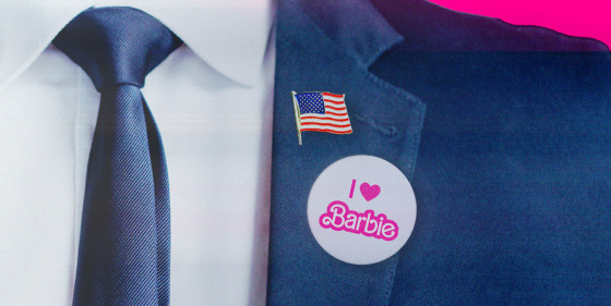 Photo Illustration: A man in a suit with an American flag pin and an "I Love Barbie" button
