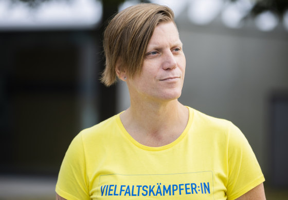 Anastasia Biefang attends the raising of the rainbow flag at the German Ministry of Defense