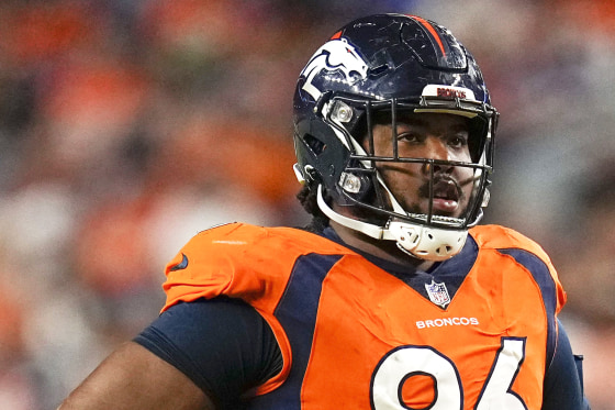 Denver Broncos defensive end Eyioma Uwazurike looks on during an NFL preseason football game against the Minnesota Vikings, Aug. 27, 2022, in Denver. The NFL indefinitely suspended Uwazurike on Monday, July 24, 2023, for betting on league games during the 2022 season.