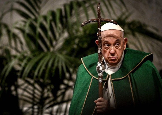 Image: Pope Francis during a mass to celebrate the World Day of Grandparents and the elderly in St Peter's Basilica at the Vatican on July 23, 2023.