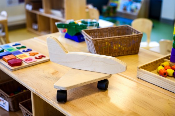  Toys sit on a shelf at LaPetite Academy, an on-site child care center for airport and airline employees at Pittsburgh International Airport, on July 25, 2023 in Moon Township, Pa.