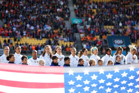 USA players line up for the national anthem prior to the FIFA Women's World Cup Australia & New Zealand 2023 Group E match between USA and Netherlands at Wellington Regional Stadium on July 27, 2023 in Wellington, New Zealand.