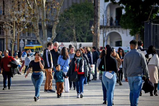 Families visit the Plaza de Mayo during the winter holidays in Buenos Aires, Argentina, on July 23, 2023.