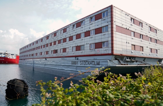 A view of the Bibby Stockholm accommodation barge at Portland Port in England