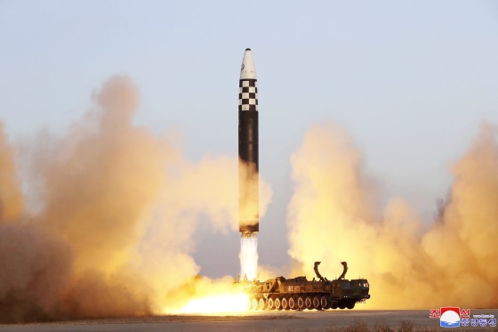 FILE - This photo provided by the North Korean government shows what it says is an intercontinental ballistic missile in a launching drill at the Sunan international airport in Pyongyang, North Korea on March 16, 2023. Independent journalists were not given access to cover the event depicted in this image distributed by the North Korean government. The content of this image is as provided and cannot be independently verified. Korean language watermark on image as provided by source reads: "KCNA" which is the abbreviation for Korean Central News Agency.
