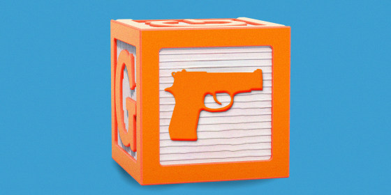 Photo illustration of a wooden "G" alphabet block with a gun.