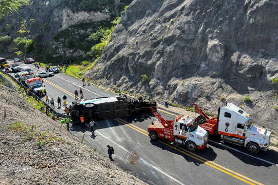 Emergency workers respond to a crash in Tepelmeme Villa de Morelos, Oaxaca state, Mexico, on Aug. 22, 2023.